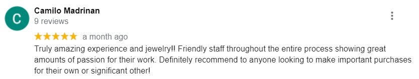 Review from Camilo, who created his fiancée's engagement ring with us in our Miami workshop. We helped him pick out a gorgeous 1.30 carat Diamond.