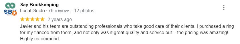 Review from Giuseppe, who created his fiancée's engagement ring with us in our Miami workshop. We helped him craft a gorgeous diamond band.