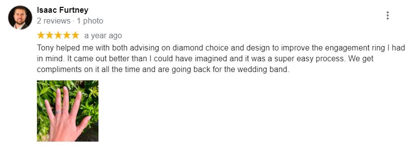 Review from Isaac, who created his fiancée's engagement ring with us in our Miami workshop. We helped him create a beautiful custom ring using an heirloom diamond.