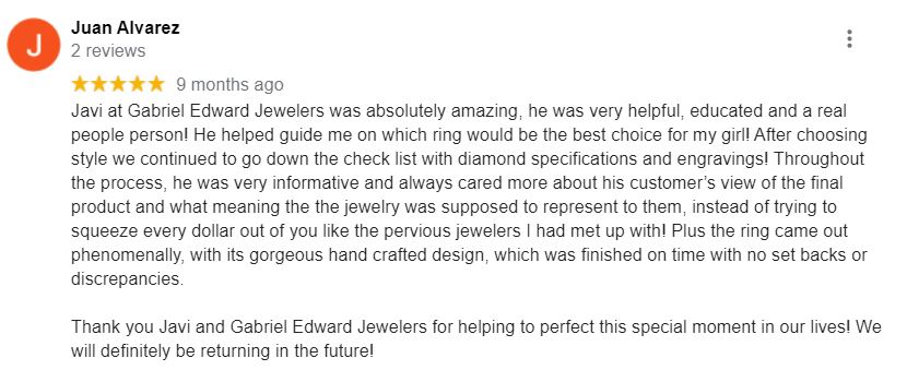 Review from Juan Carlos, who created his fiancée's engagement ring with us in our Miami workshop. We helped him pick out a brilliant 2.41 carat Lab-Grown Diamond.