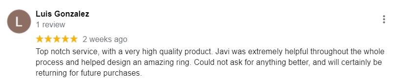 Review from Luis, who created his fiancée's engagement ring with us in our Miami workshop. We helped him pick out a beautiful 0.74 carat Diamond.