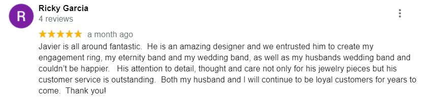 Review from Ricky, who created his fiancé's engagement ring with us in our Miami workshop. He created a beautiful diamond eternity ring.