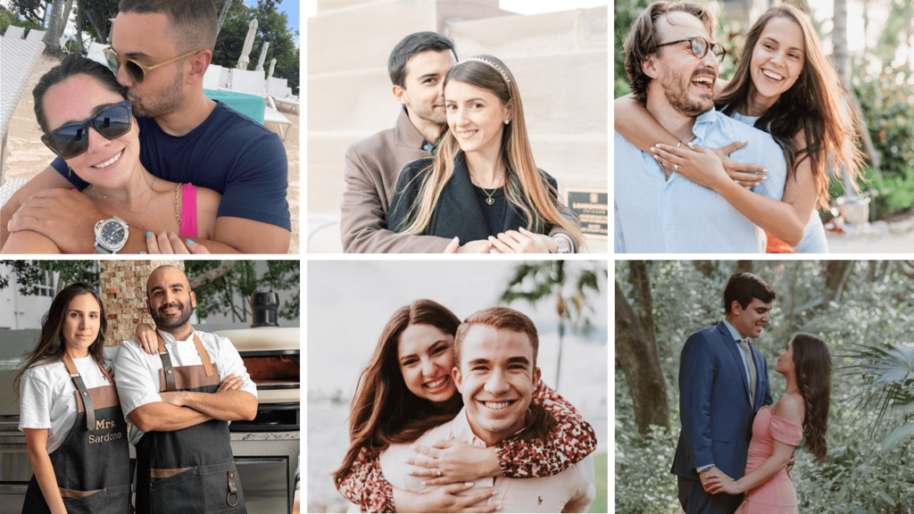 6 happily engaged couples with their engagement rings