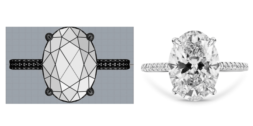 Engagement ring side-by-side showing CAD model and finished ring in gold with diamonds