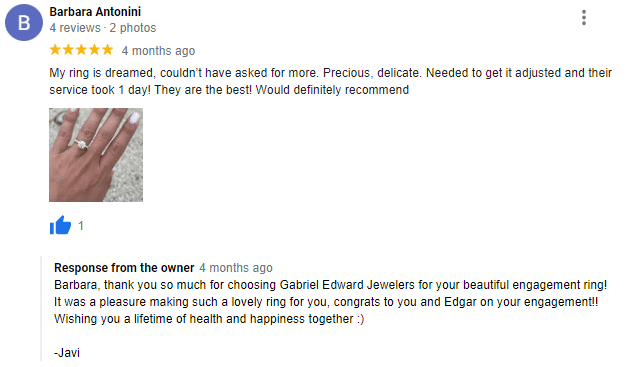 Review from Edgar, who created his fiancée's (Barbara's) engagement ring with us in our Miami workshop. We helped him pick out a beautiful 1.65 carat Lab-Grown Diamond.