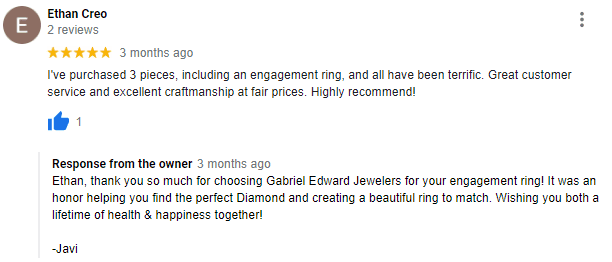 Review from Ethan, who created his fiancée's engagement ring with us in our Miami workshop. We helped him pick out a brilliant 2.01 carat Diamond.