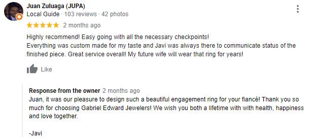 Review from Juan, who created his fiancée's engagement ring with us in our Miami workshop. We helped him pick out a beautiful 1.01 carat Lab-Grown Diamond.