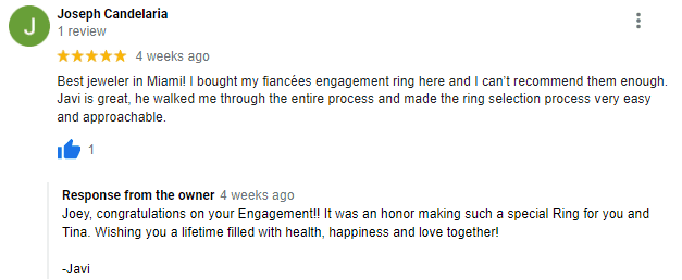 Review from Joey, who created his fiancée's engagement ring with us in our Miami workshop. We helped him pick out a brilliant 1.93 carat Lab-Grown Diamond.