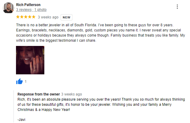 Review from Rich, who created his fiancée's engagement ring with us in our Miami workshop.