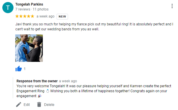 Review from Kamren, who created his fiancée's engagement ring with us in our Miami workshop. We helped him pick out a beautiful 1.81 carat Lab-Grown Diamond.