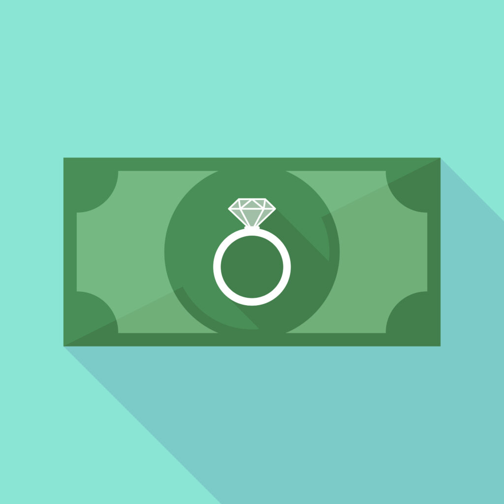 Illustration of a long shadow banknote icon with an engagement ring