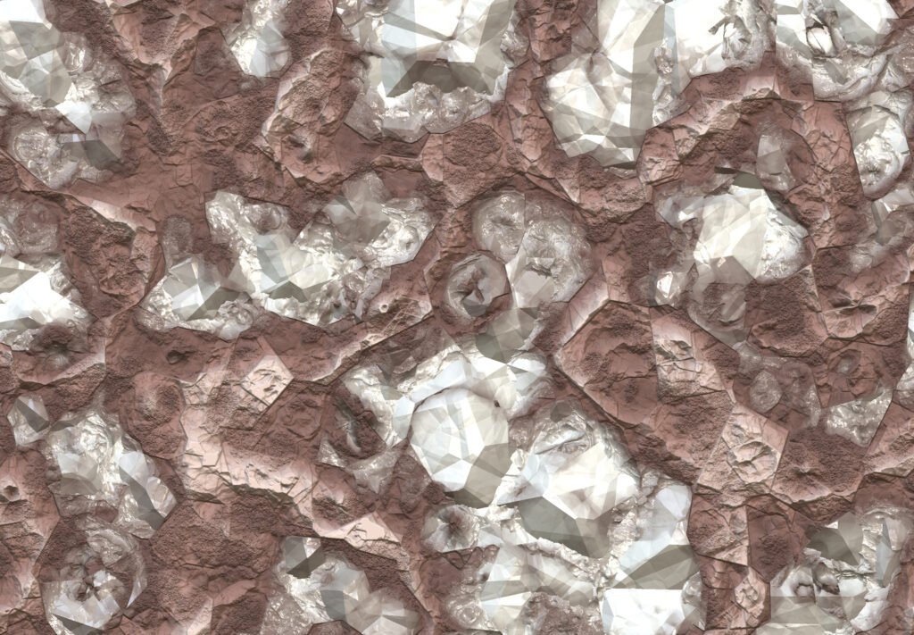 Natural Diamonds are not rare, and therefore, they are not a good investment. This is a photo of many rough diamonds in the ground of a mine.